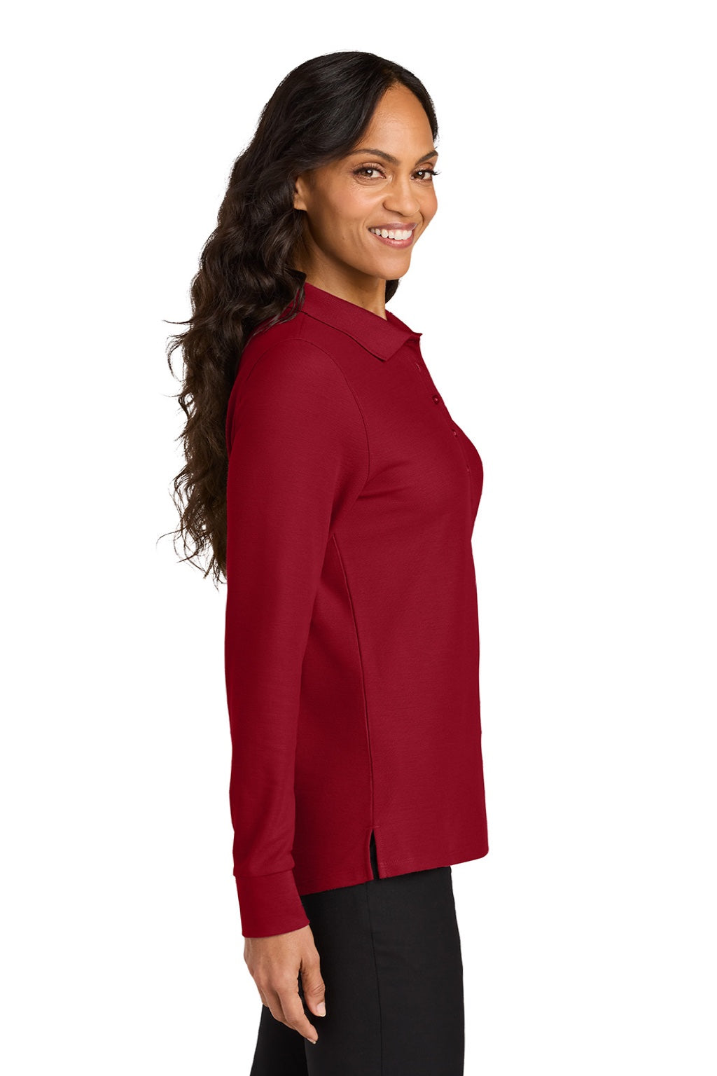 Port Authority LK200LS Womens Wearever Signature Pique Long Sleeve Polo Shirt Rich Red Model Side