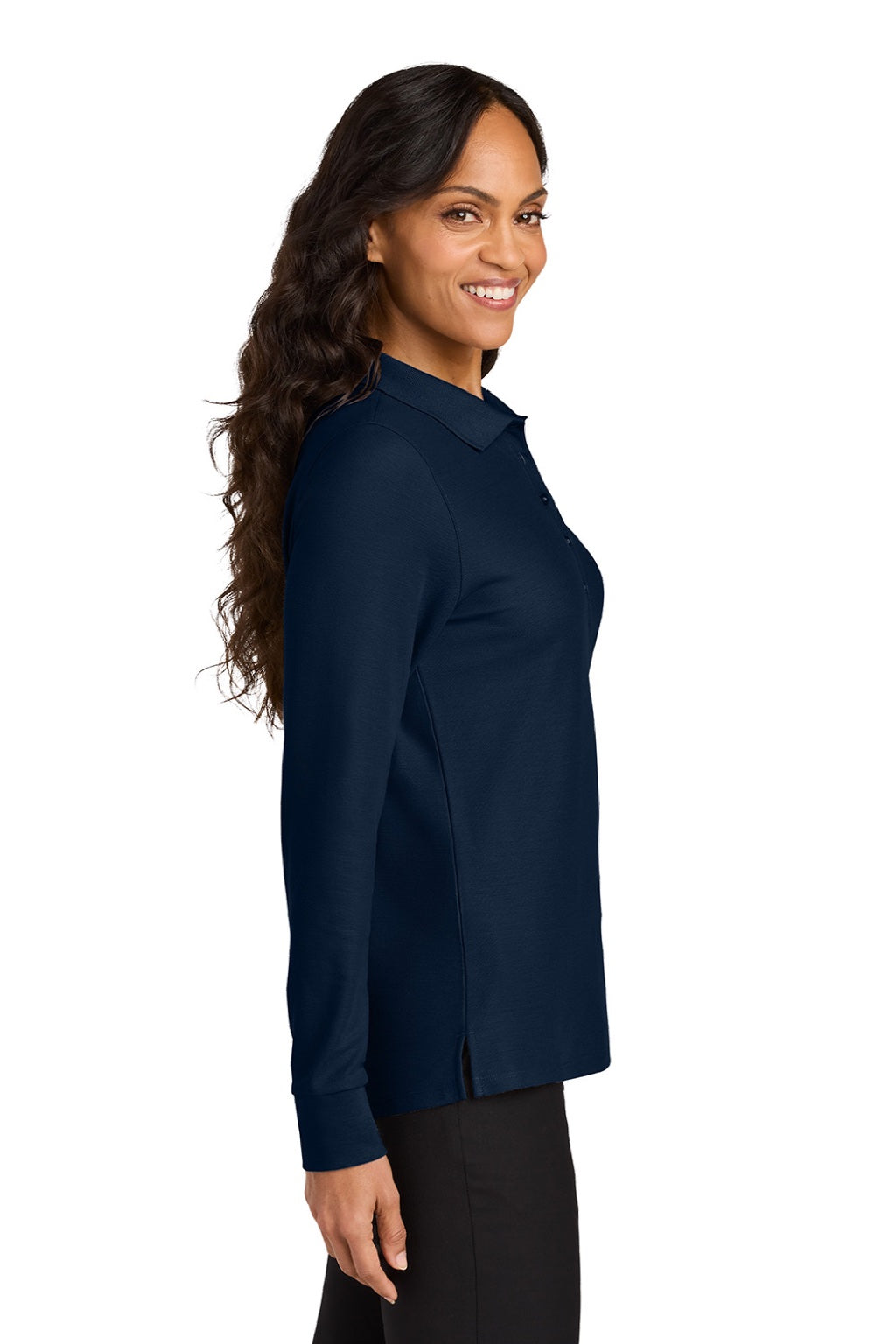 Port Authority LK200LS Womens Wearever Signature Pique Long Sleeve Polo Shirt River Navy Blue Model Side