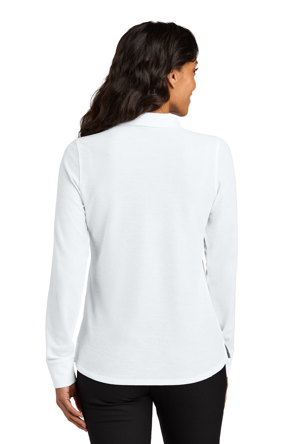 Port Authority LK200LS Womens Wearever Signature Pique Long Sleeve Polo Shirt White Model Back