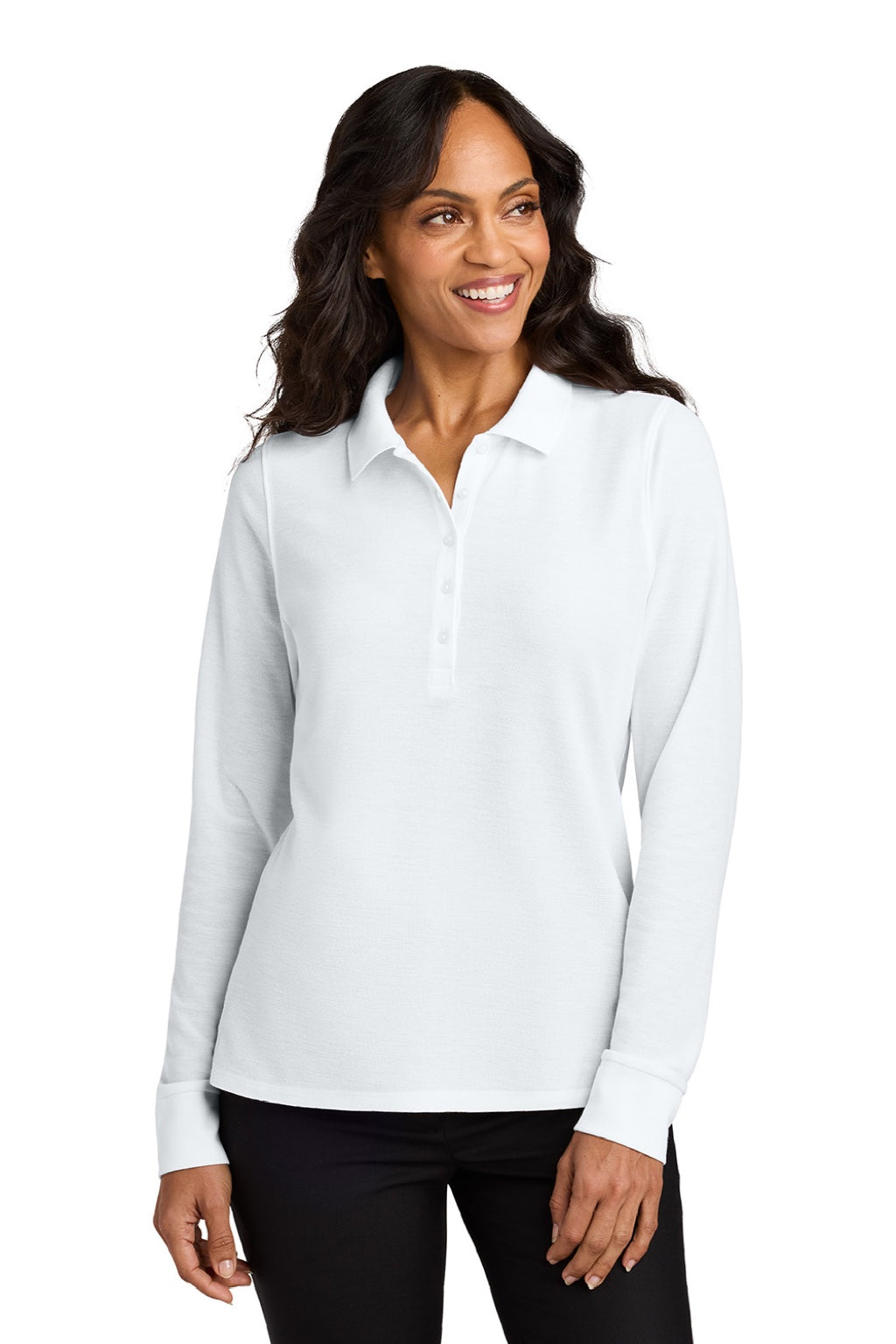 Port Authority LK200LS Womens Wearever Signature Pique Long Sleeve Polo Shirt White Model Front