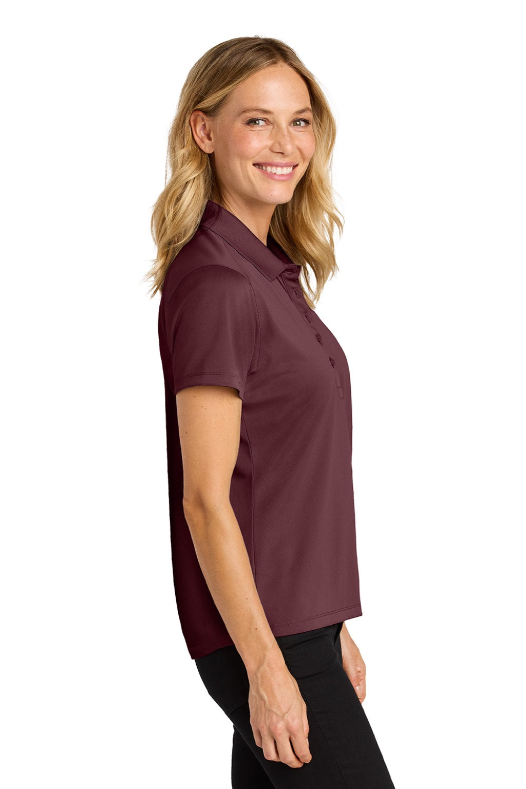 Port Authority LK240 Womens Wearever Moisture Wicking Pique Short Sleeve Polo Shirt Burgundy Model Side