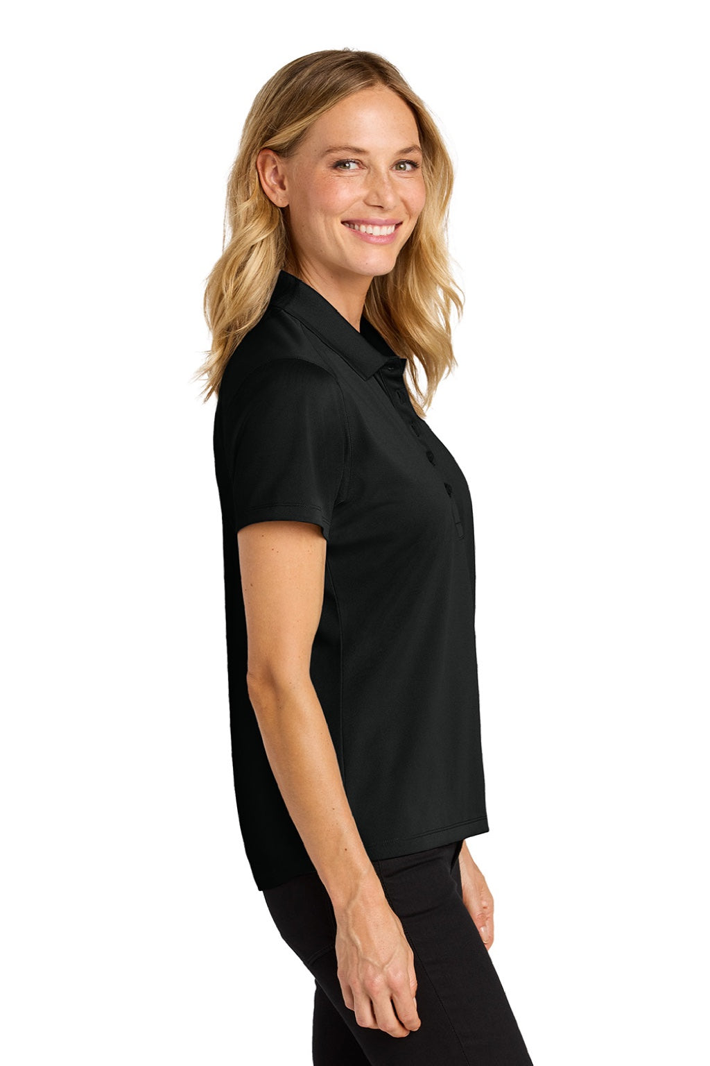 Port Authority LK240 Womens Wearever Moisture Wicking Pique Short Sleeve Polo Shirt Deep Black Model Side
