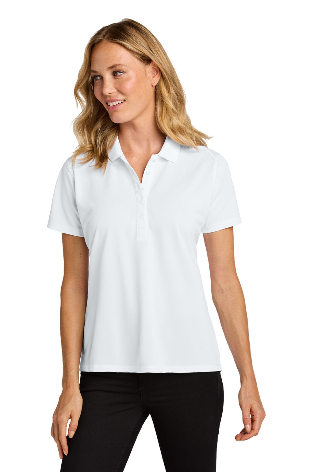 Port Authority LK240 Womens Wearever Moisture Wicking Pique Short Sleeve Polo Shirt White Model Front