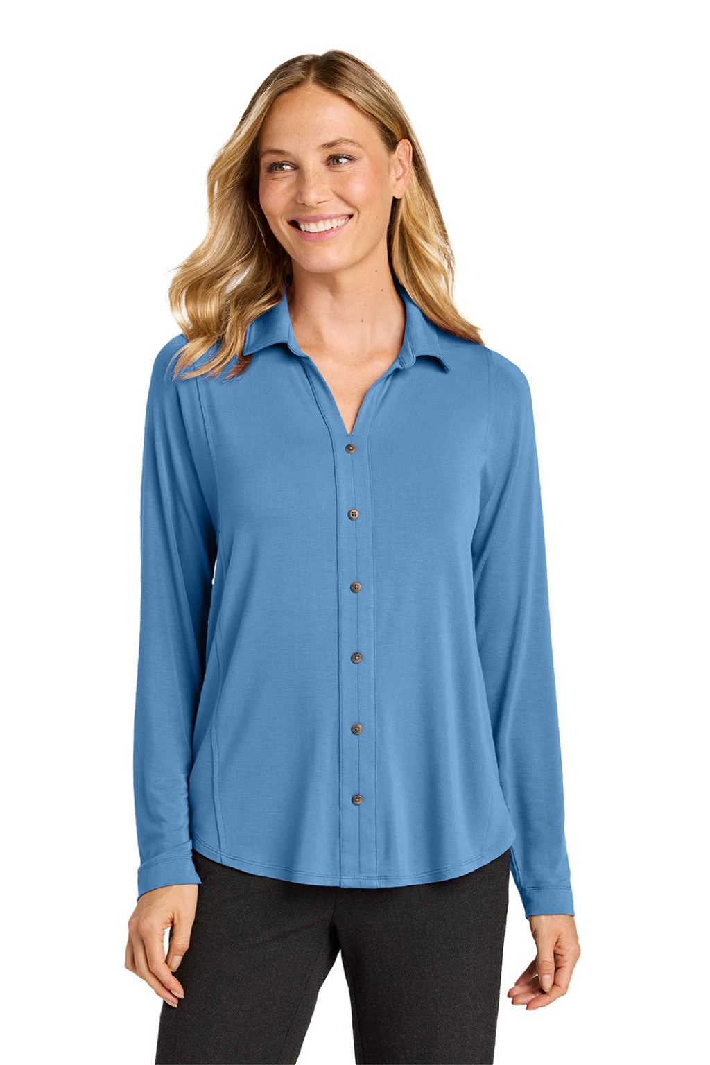 Port Authority LK5602 Womens Luxe Knit Button Down Long Sleeve Tunic Carolina Blue Model Front