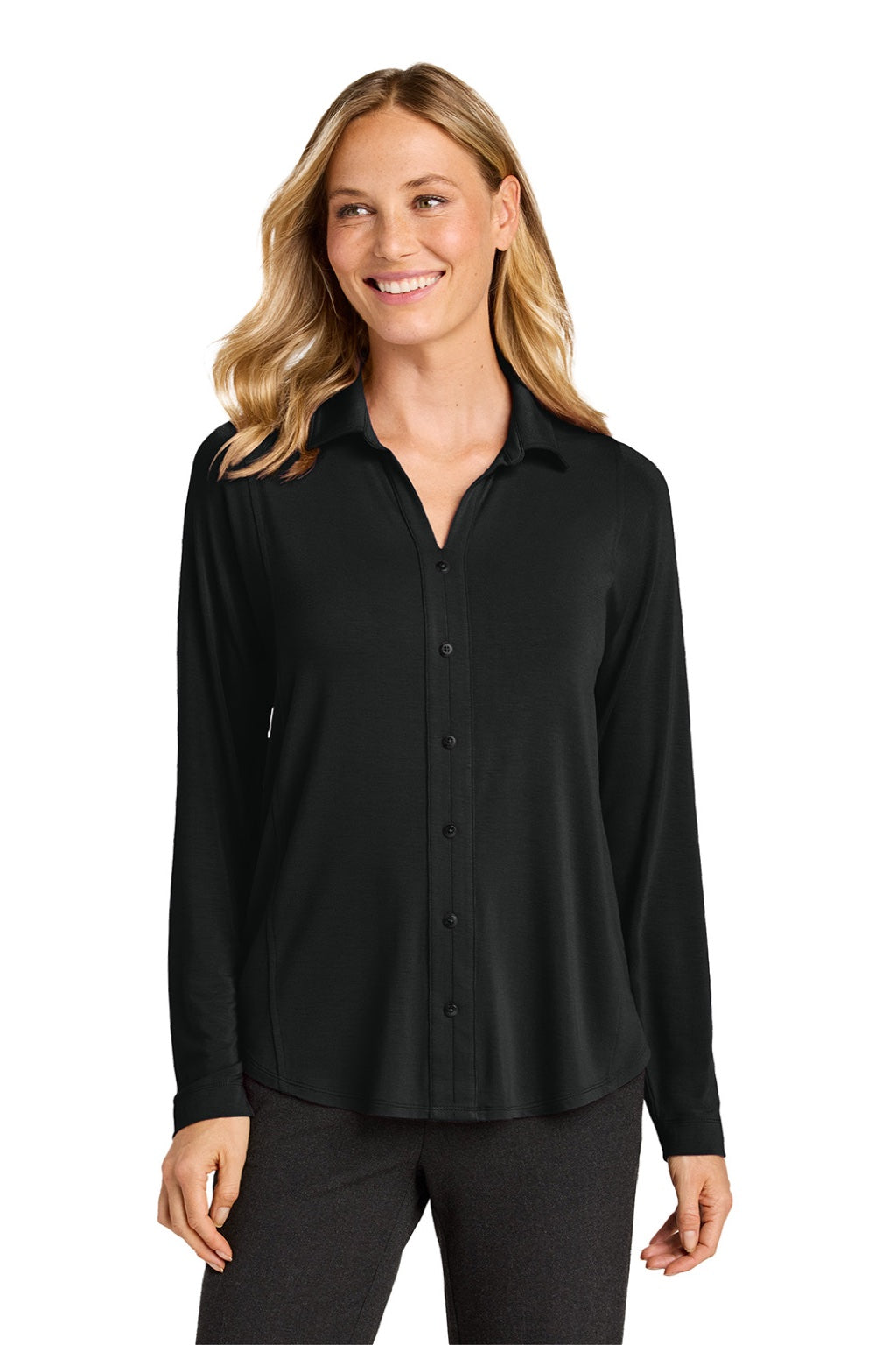 Port Authority LK5602 Womens Luxe Knit Button Down Long Sleeve Tunic Deep Black Model Front