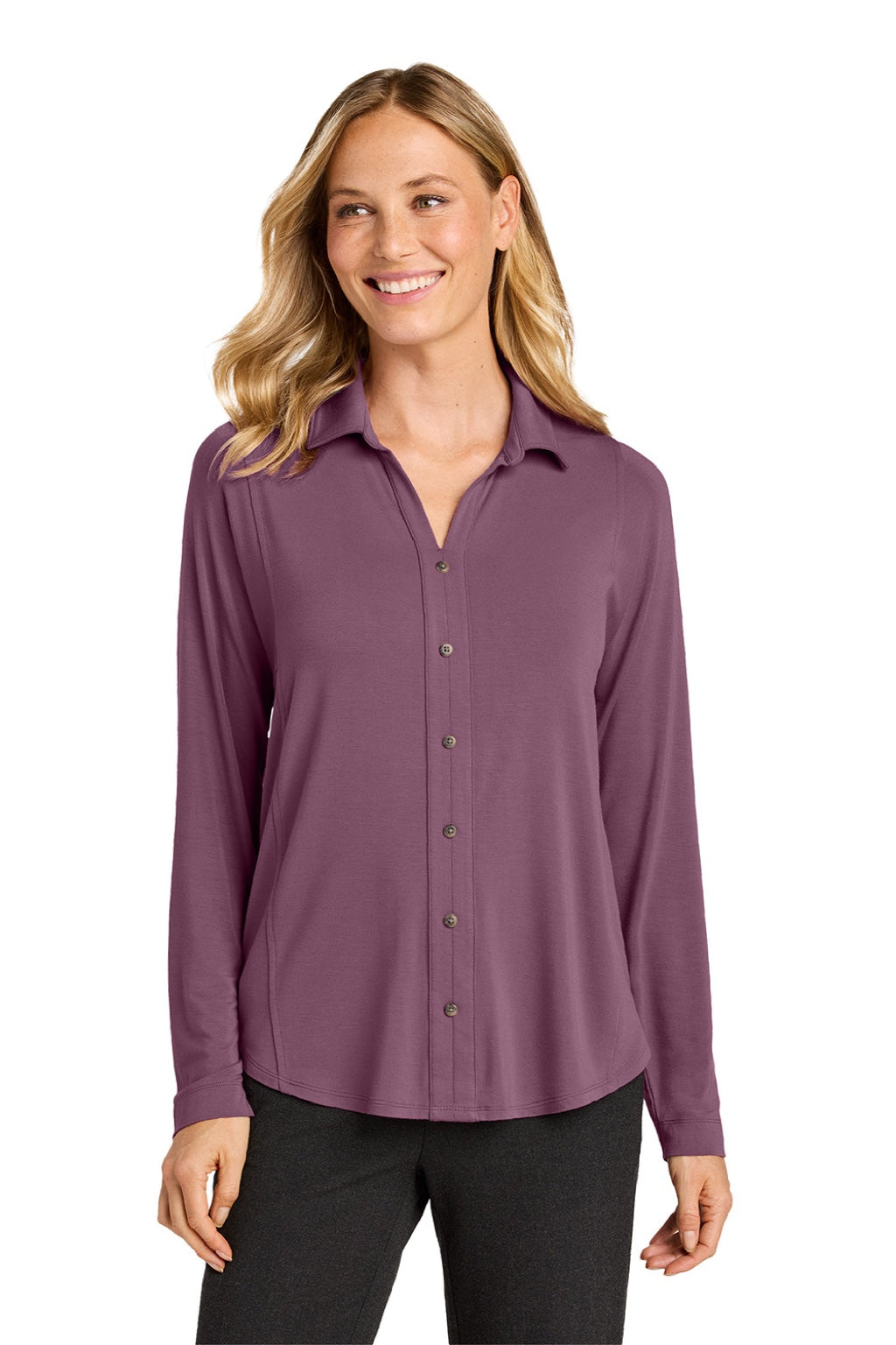 Port Authority LK5602 Womens Luxe Knit Button Down Long Sleeve Tunic Purple Mist Model Front