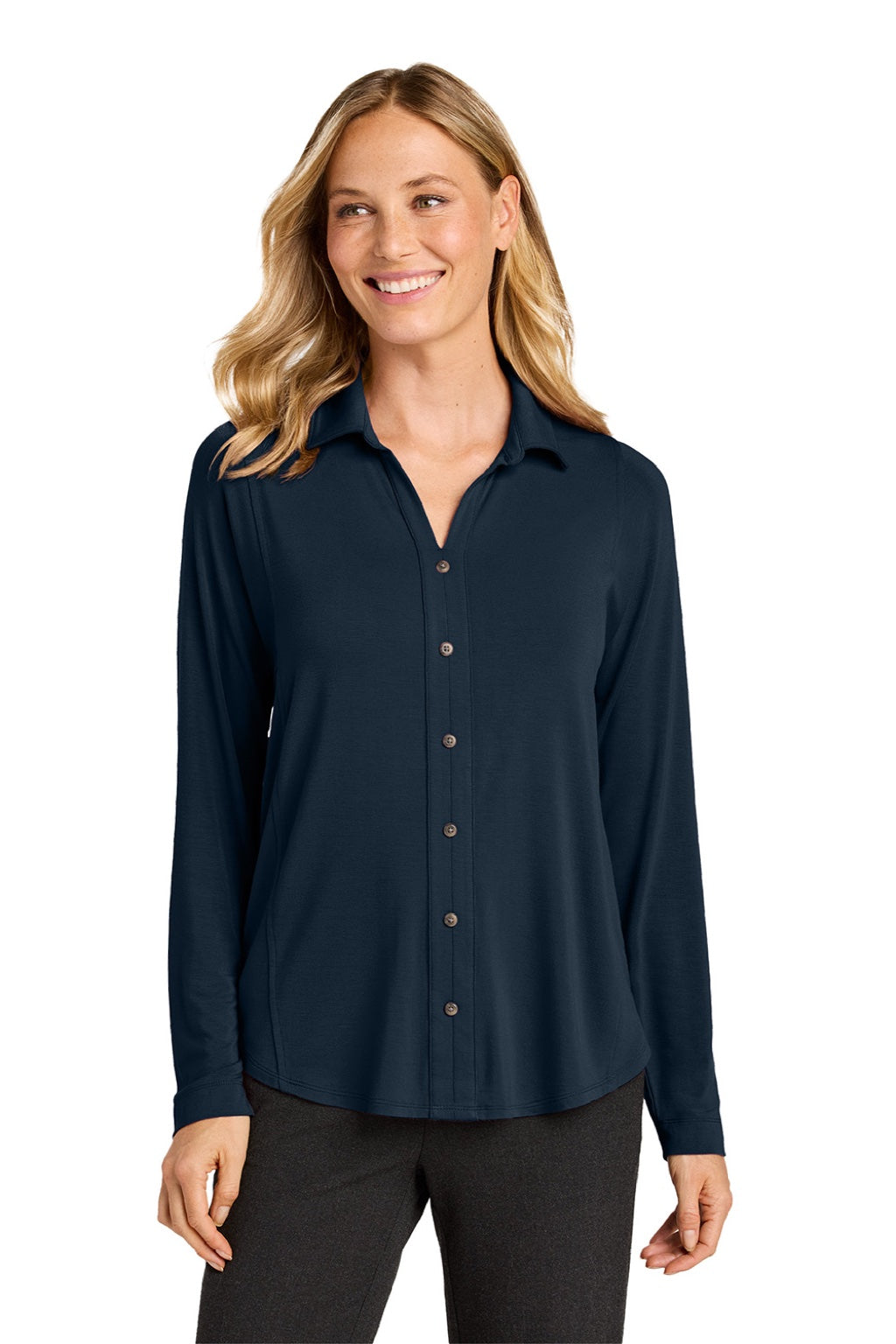 Port Authority LK5602 Womens Luxe Knit Button Down Long Sleeve Tunic River Navy Blue Model Front