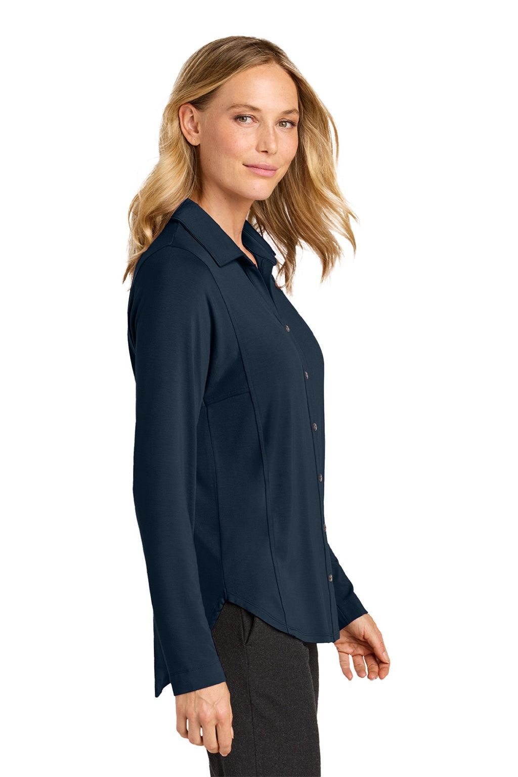 Port Authority LK5602 Womens Luxe Knit Button Down Long Sleeve Tunic River Navy Blue Model Side
