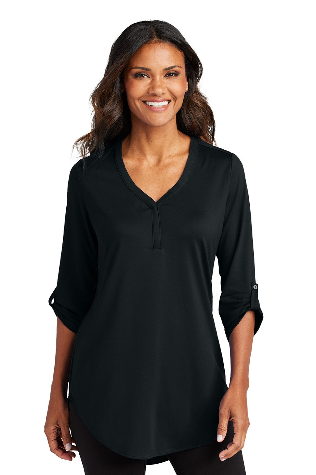 Port Authority LK6840 Womens City Easy Care Moisture Wicking 3/4 Sleeve Tunic Black Model Front