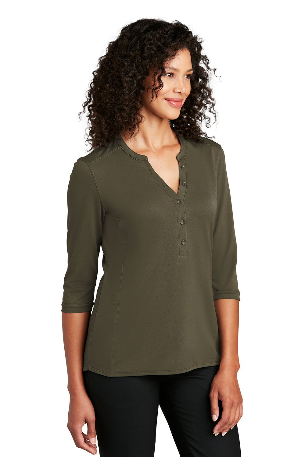 Port Authority LK750 Womens Moisture Wicking 3/4 Sleeve Polo Shirt Deep Olive Green Model 3q