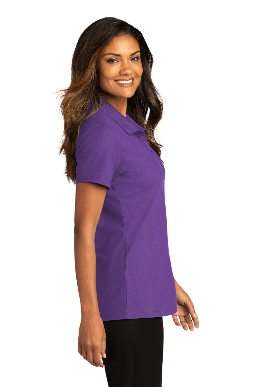 Port Authority LK810 Womens React SuperPro Snag Resistant Short Sleeve Polo Shirt Purple Model Side