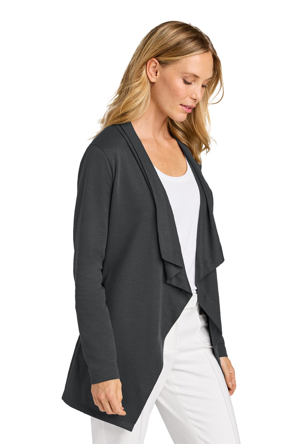Port Authority LK820 Womens Breakwater Open Front Long Sleeve Cardigan Sweater w/ Pockets Steel Grey Model Side