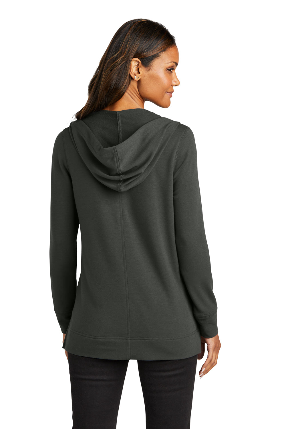 Port Authority LK826 Womens Microterry Snag Resistant Hooded Sweatshirt Hoodie Charcoal Grey Model Back