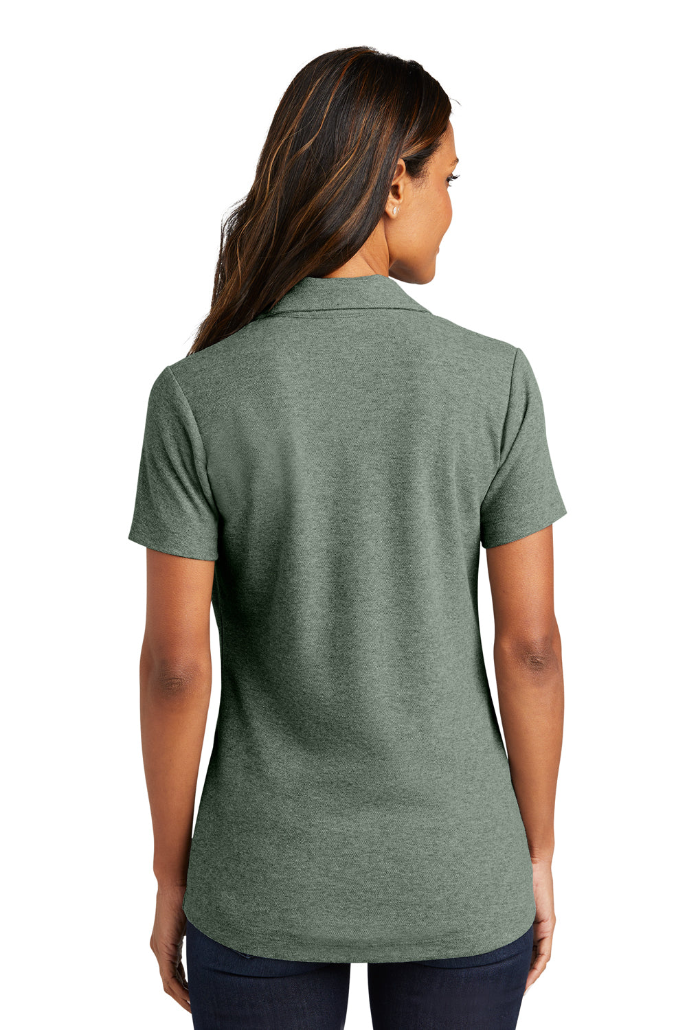 Port Authority LK867 Womens C-FREE Pique Short Sleeve Polo Shirt Heather Dark Green Model Back