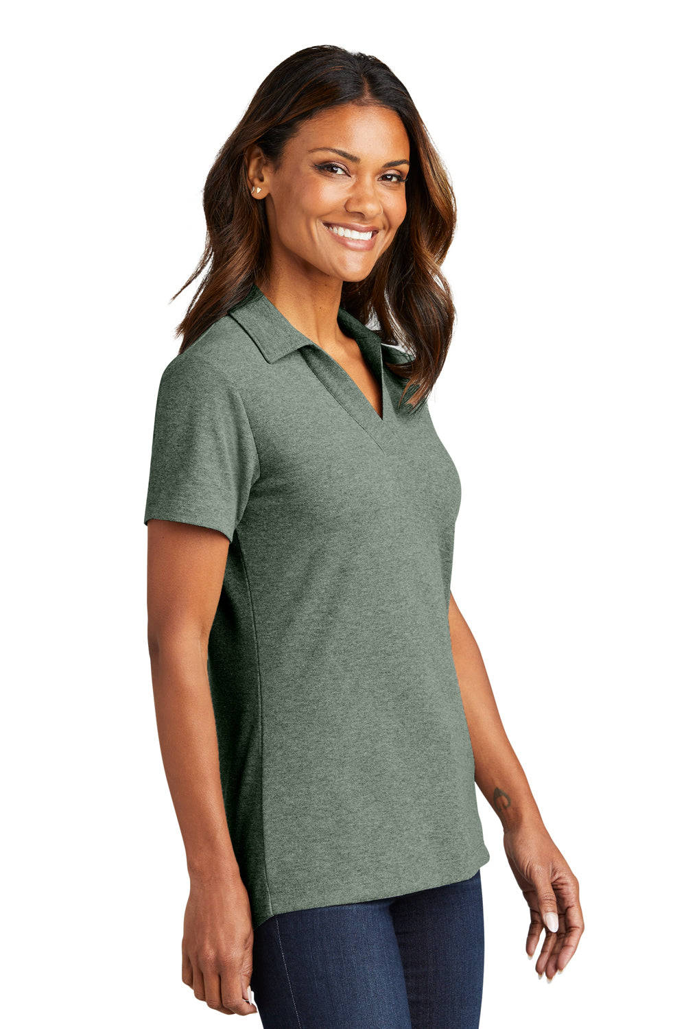 Port Authority LK867 Womens C-FREE Pique Short Sleeve Polo Shirt Heather Dark Green Model Side