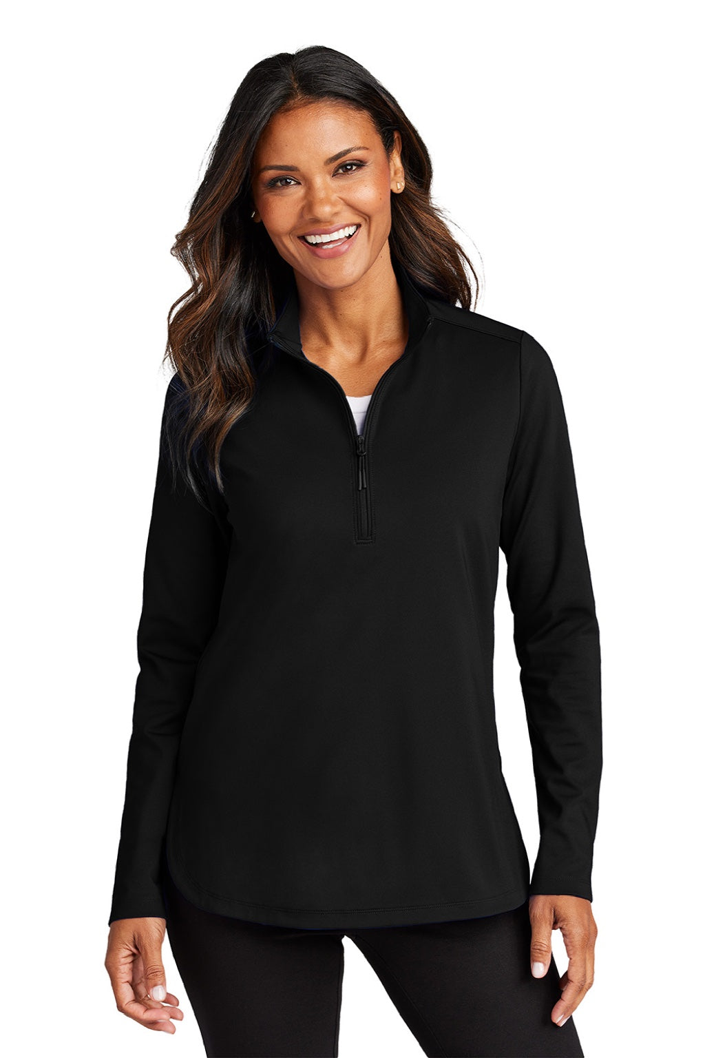 Port Authority LK880 Womens C-FREE Double Knit Moisture Wicking 1/4 Zip Sweatshirt Deep Black Model Front
