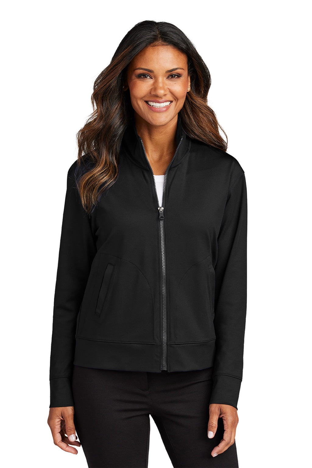 Port Authority LK881 Womens C-FREE Double Knit Moisture Wicking Full Zip Sweatshirt w/ Pockets Deep Black Model Front