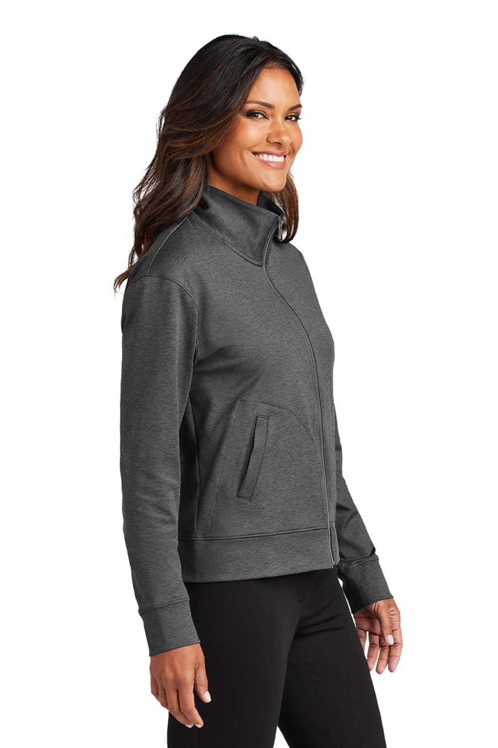Port Authority LK881 Womens C-FREE Double Knit Moisture Wicking Full Zip Sweatshirt w/ Pockets Heather Steel Grey Model Side