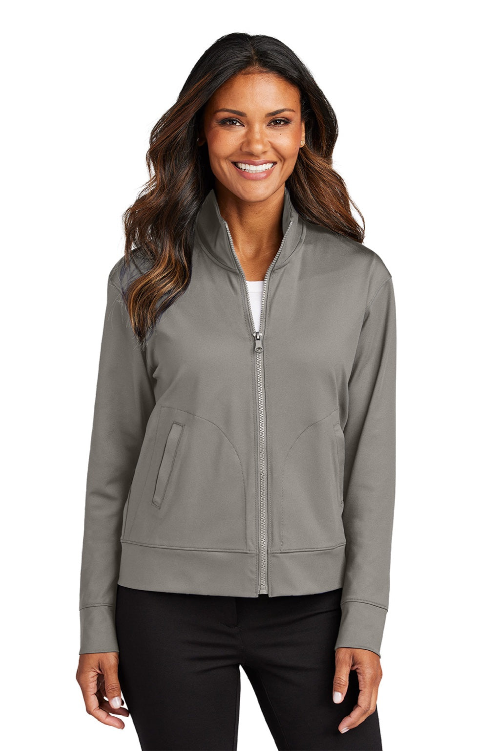 Port Authority LK881 Womens C-FREE Double Knit Moisture Wicking Full Zip Sweatshirt w/ Pockets Smoke Grey Model Front
