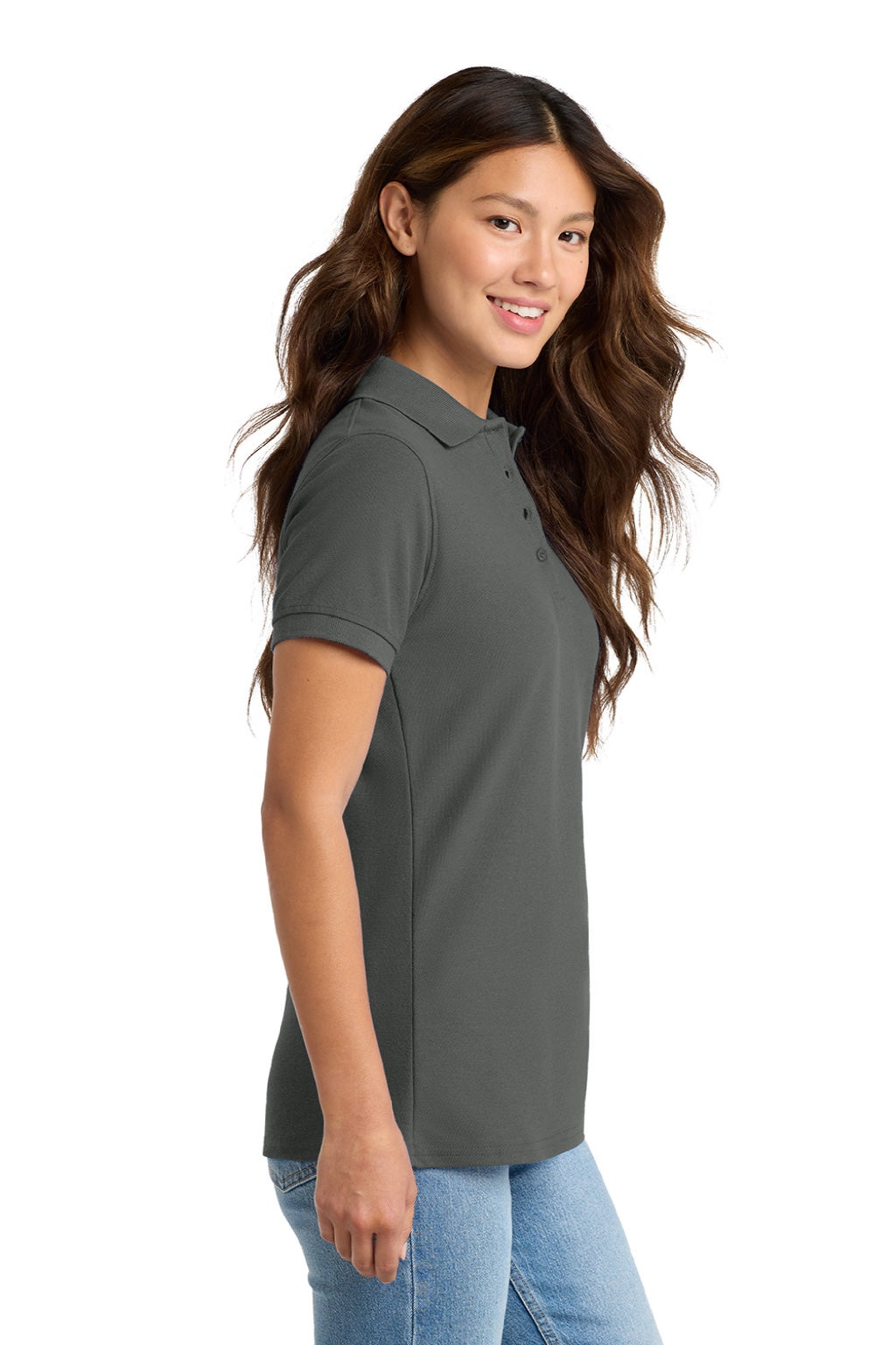 Port & Company LKP155 Womens Core Stain Resistant Short Sleeve Polo Shirt Charcoal Grey Model Side
