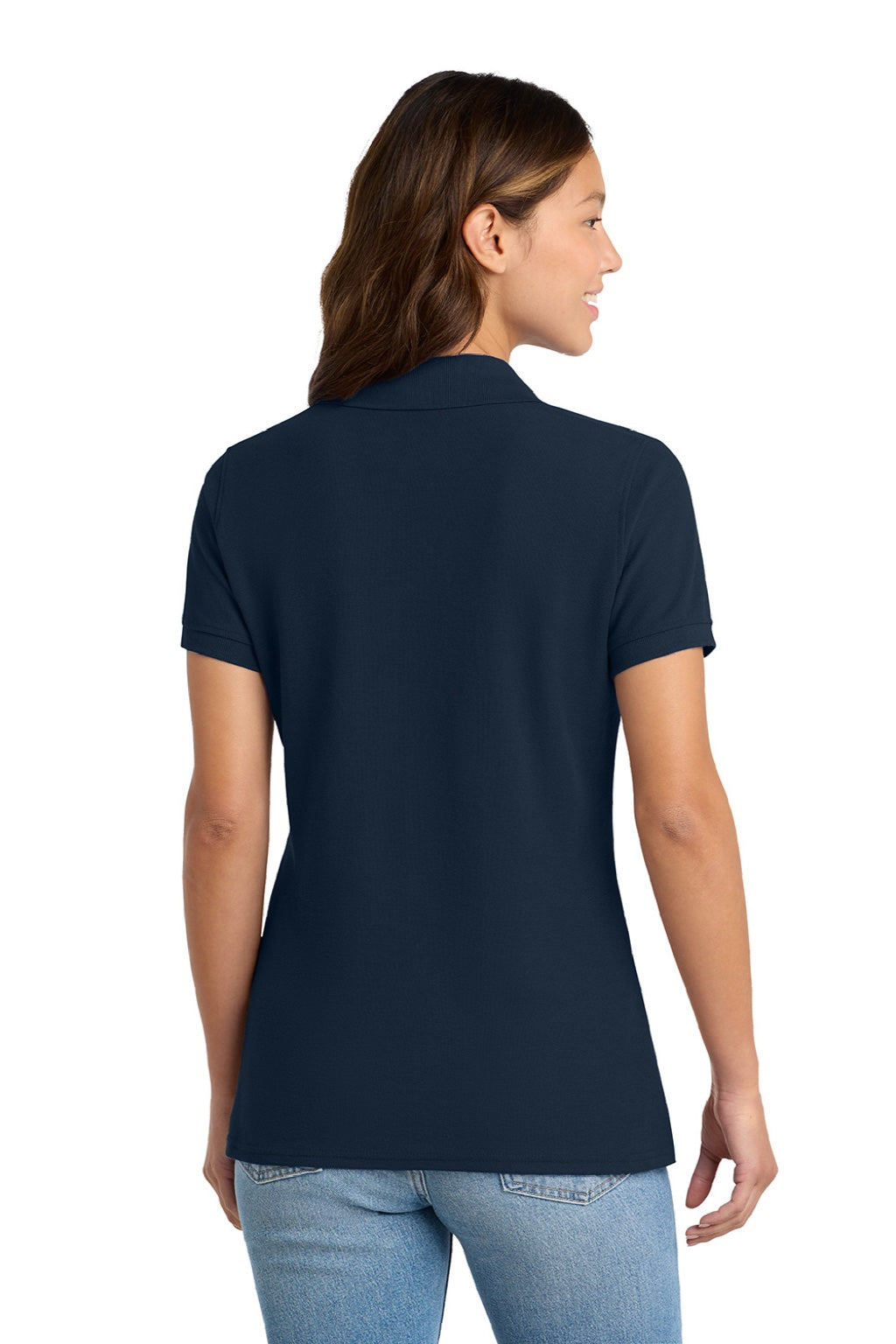Port & Company LKP155 Womens Core Stain Resistant Short Sleeve Polo Shirt Deep Navy Blue Model Back