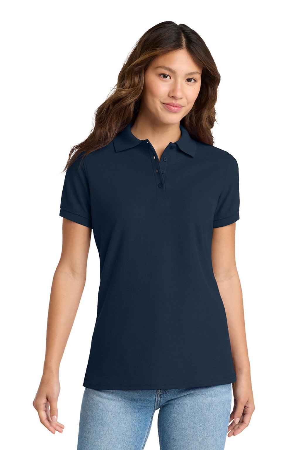 Port & Company LKP155 Womens Core Stain Resistant Short Sleeve Polo Shirt Deep Navy Blue Model Front