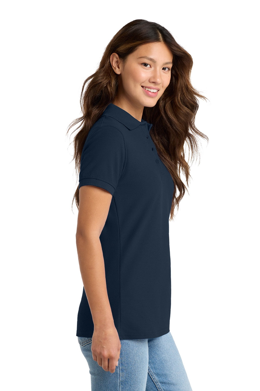 Port & Company LKP155 Womens Core Stain Resistant Short Sleeve Polo Shirt Deep Navy Blue Model Side