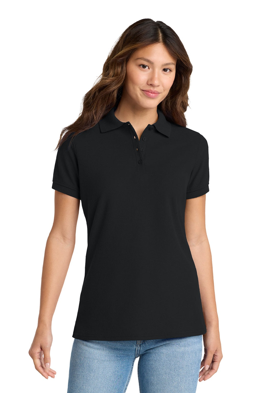 Port & Company LKP155 Womens Core Stain Resistant Short Sleeve Polo Shirt Jet Black Model Front