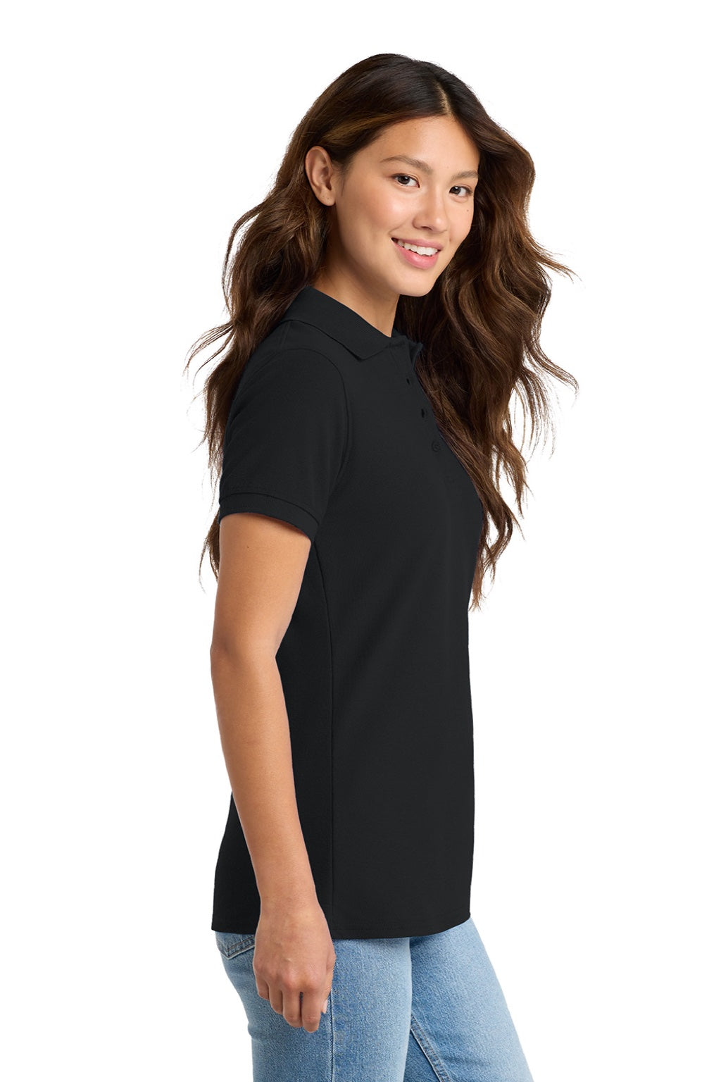Port & Company LKP155 Womens Core Stain Resistant Short Sleeve Polo Shirt Jet Black Model Side