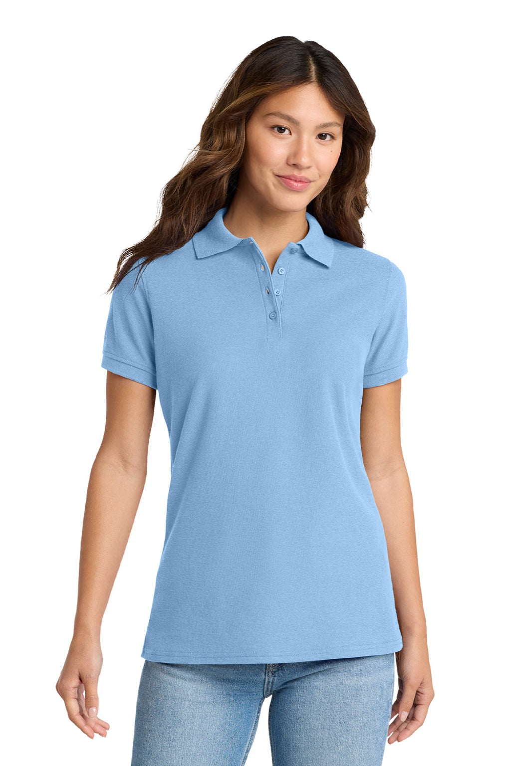 Port & Company LKP155 Womens Core Stain Resistant Short Sleeve Polo Shirt Light Blue Model Front