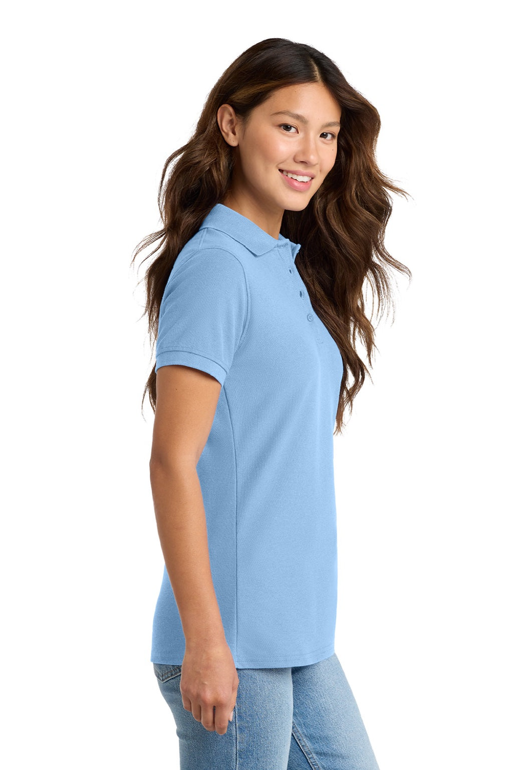 Port & Company LKP155 Womens Core Stain Resistant Short Sleeve Polo Shirt Light Blue Model Side