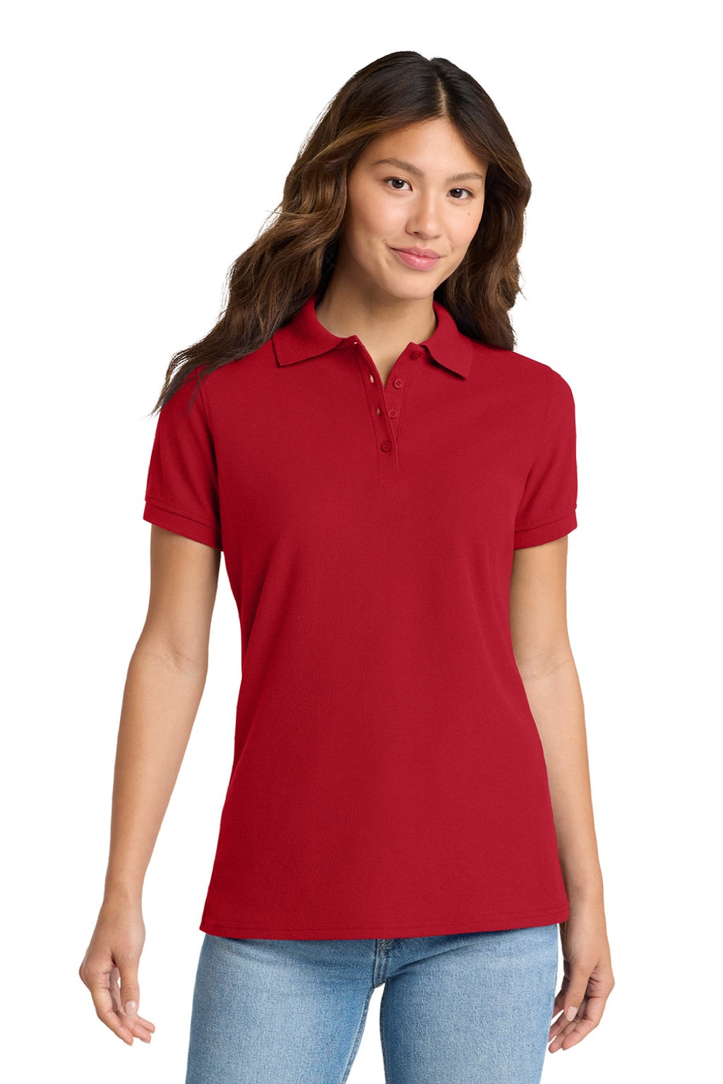 Port & Company LKP155 Womens Core Stain Resistant Short Sleeve Polo Shirt Red Model Front