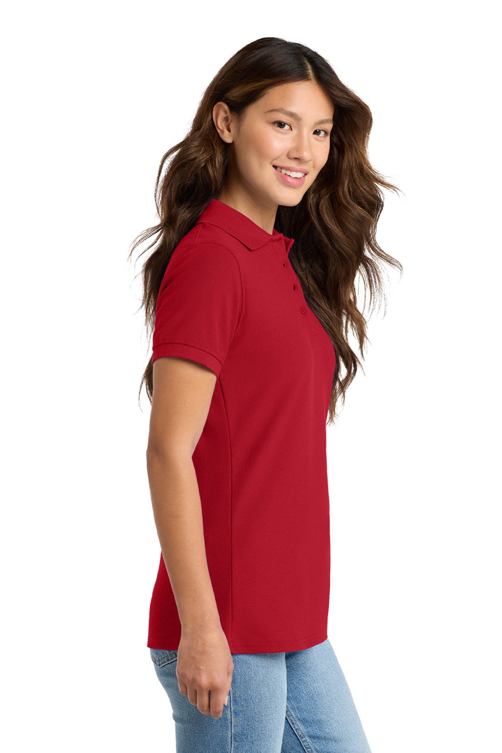Port & Company LKP155 Womens Core Stain Resistant Short Sleeve Polo Shirt Red Model Side