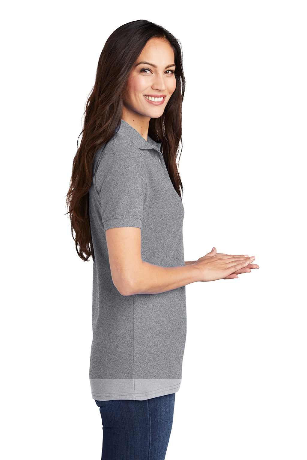 Port & Company LKP155 Womens Core Stain Resistant Short Sleeve Polo Shirt Heather Grey Model Side