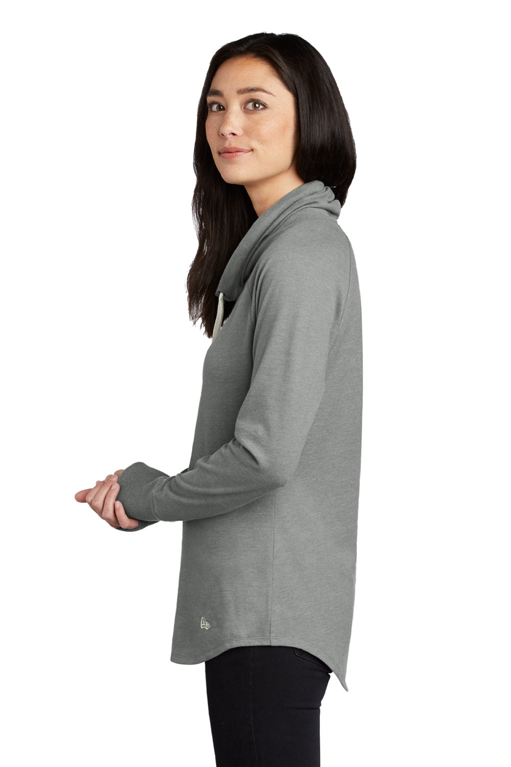 New Era LNEA123 Womens Long Sleeve Cowl Neck T-Shirt Heather Shadow Grey Model Side