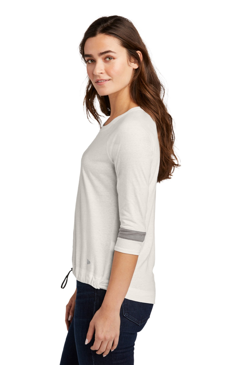 New Era LNEA136 Womens Moisture Wicking 3/4 Sleeve Crewneck T-Shirt White/Shadow Grey Model Side