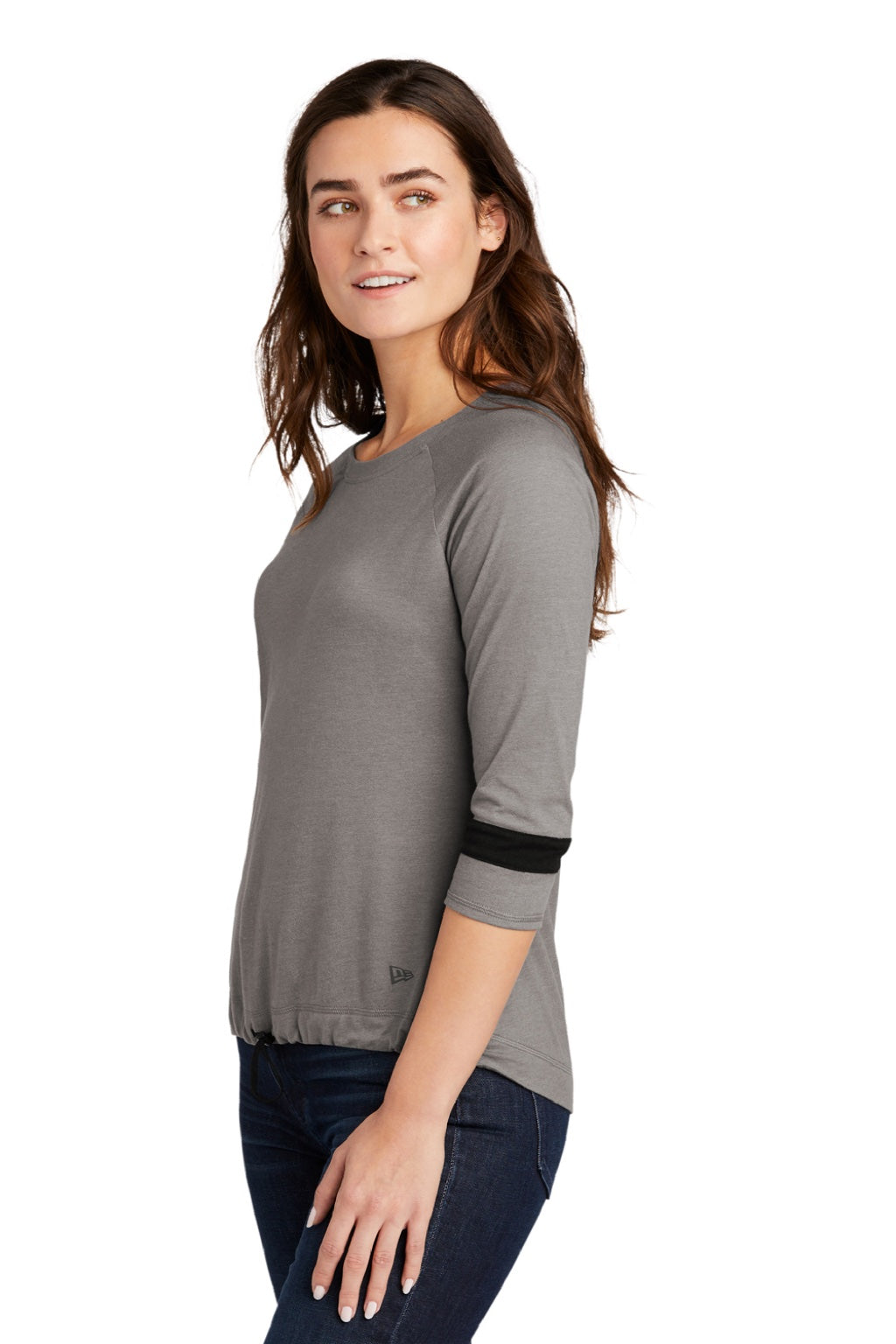 New Era LNEA136 Womens Moisture Wicking 3/4 Sleeve Crewneck T-Shirt Shadow Grey/Black Model Side