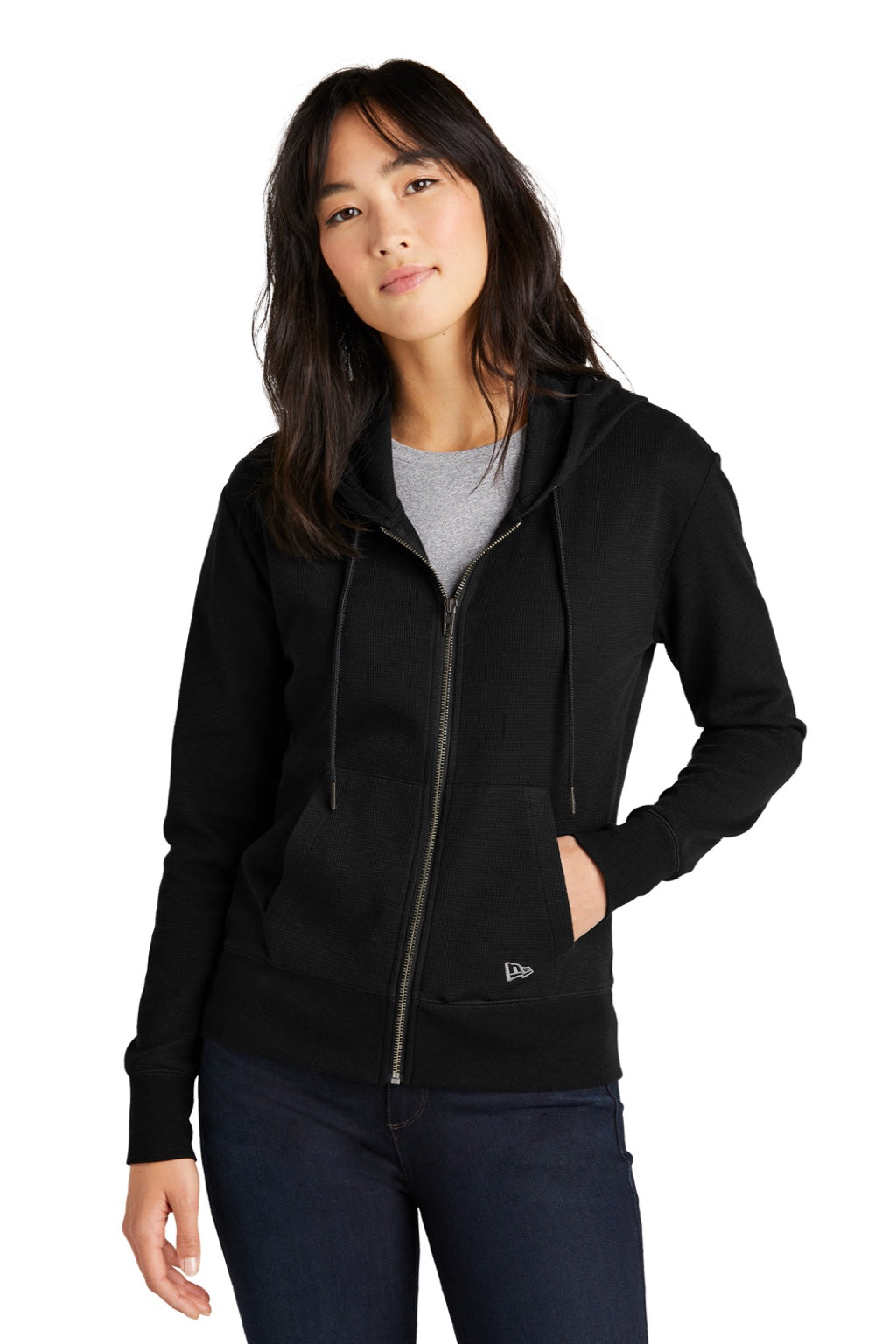 New Era LNEA141 Womens Thermal Full Zip Hooded Sweatshirt Hoodie w/ Pockets Black Model Front