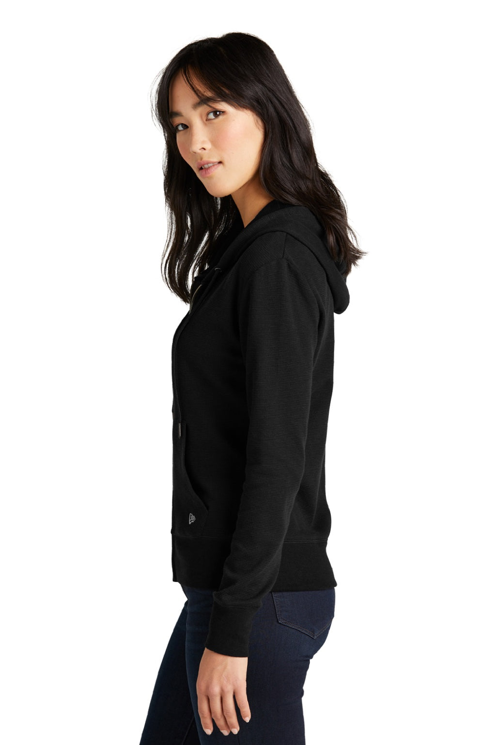 New Era LNEA141 Womens Thermal Full Zip Hooded Sweatshirt Hoodie w/ Pockets Black Model Side