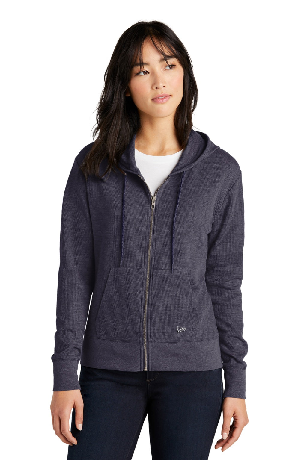 New Era LNEA141 Womens Thermal Full Zip Hooded Sweatshirt Hoodie w/ Pockets Heather True Navy Blue Model Front