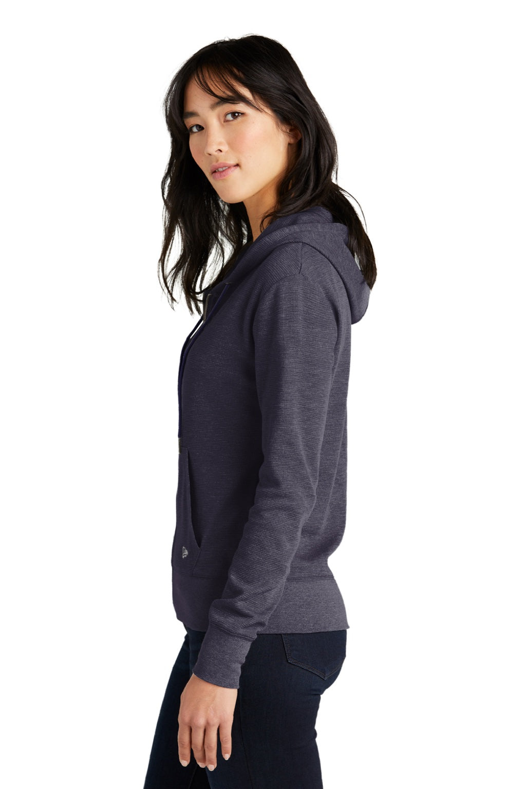 New Era LNEA141 Womens Thermal Full Zip Hooded Sweatshirt Hoodie w/ Pockets Heather True Navy Blue Model Side