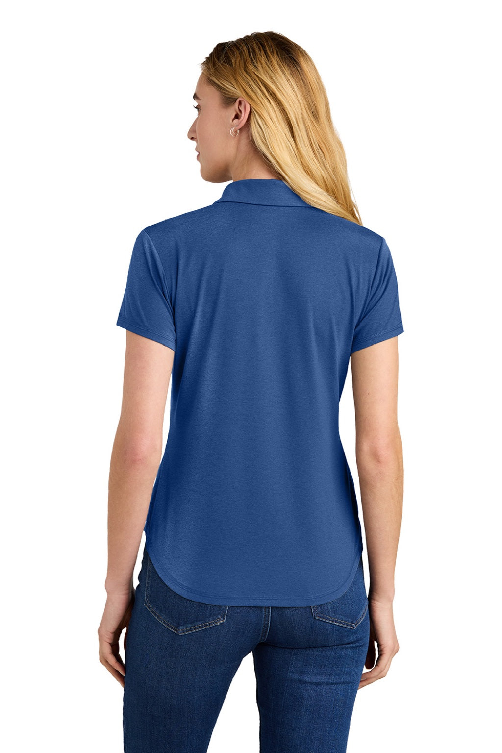 New Era LNEA225 Womens Power Moisture Wicking Short Sleeve Polo Shirt Heather Royal Blue Model Back