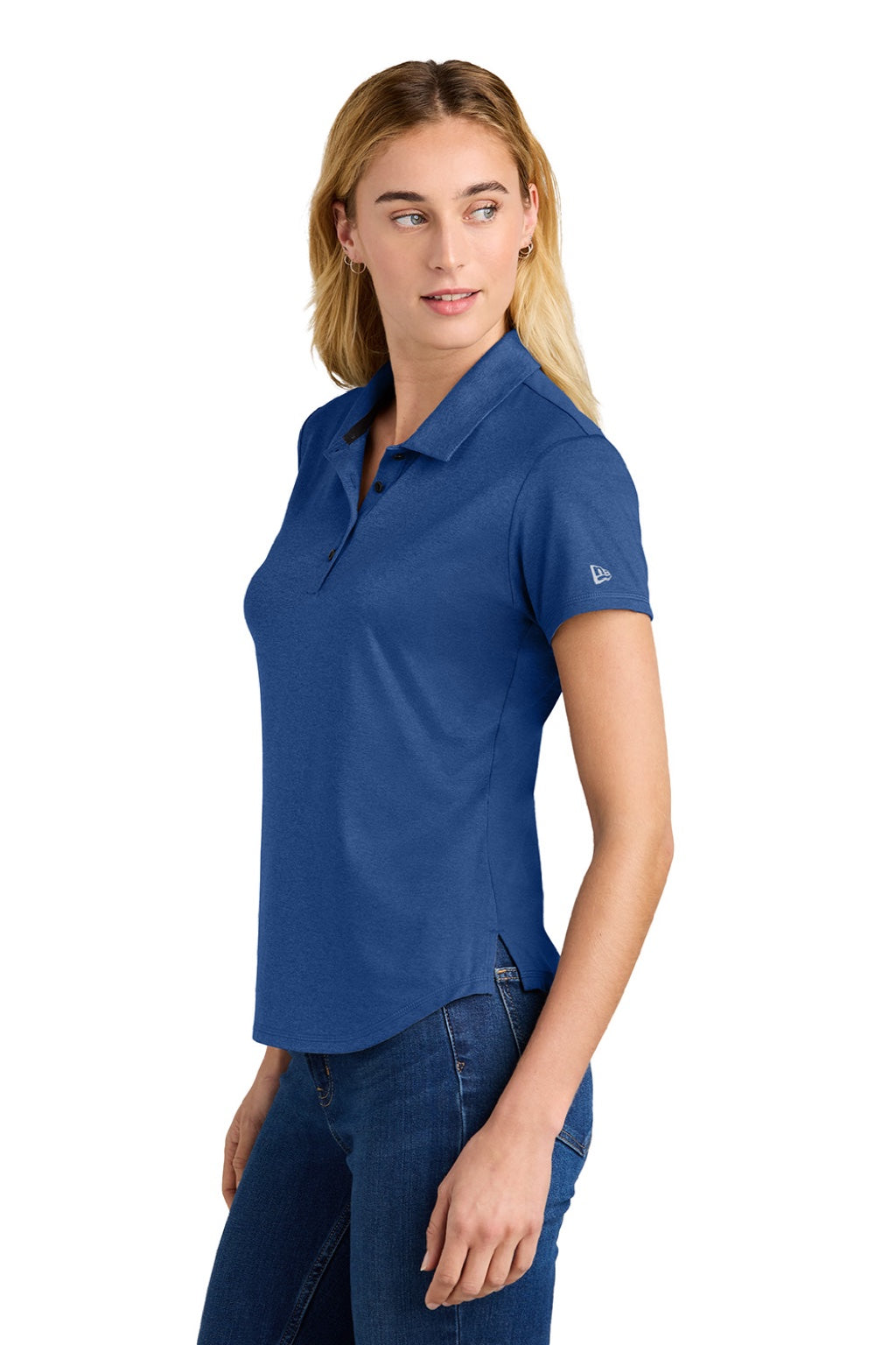 New Era LNEA225 Womens Power Moisture Wicking Short Sleeve Polo Shirt Heather Royal Blue Model Side