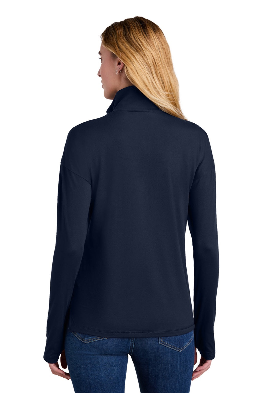 New Era LNEA228 Womens Power Moisture Wicking 1/4 Zip Sweatshirt True Navy Blue Model Back