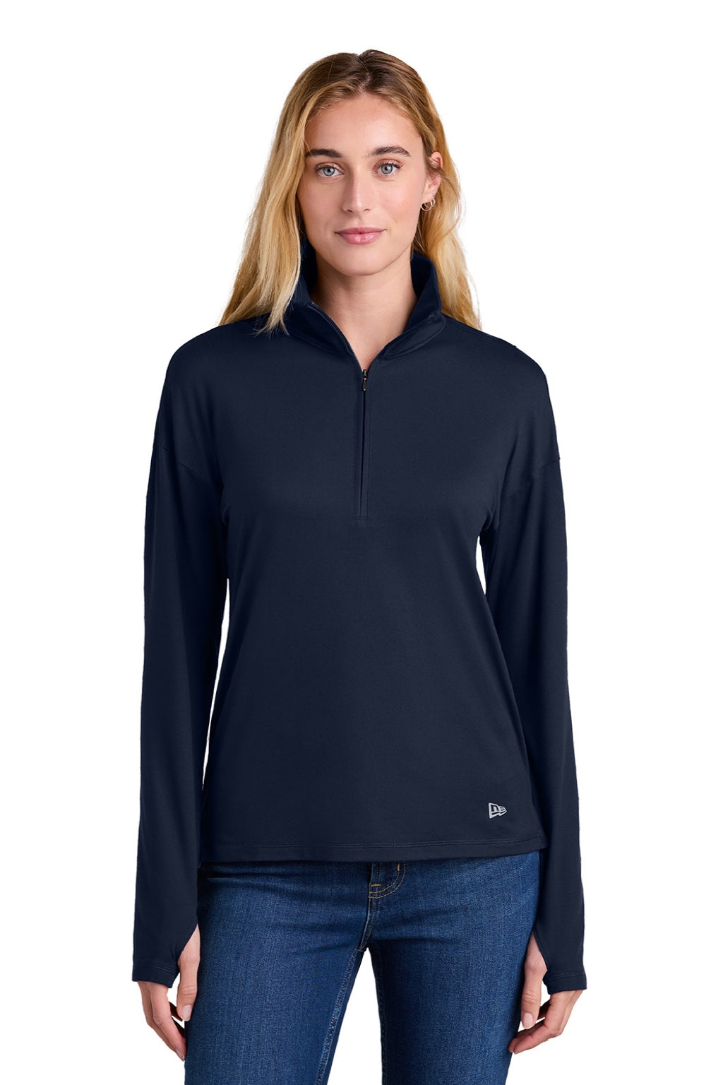 New Era LNEA228 Womens Power Moisture Wicking 1/4 Zip Sweatshirt True Navy Blue Model Front