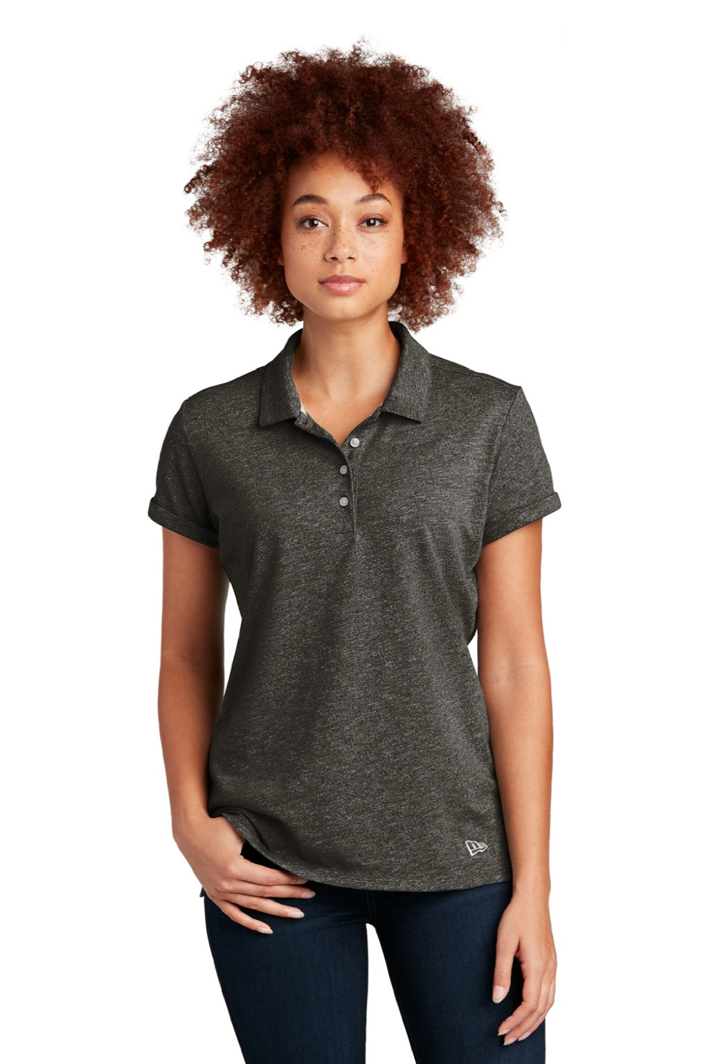 New Era LNEA301 Womens Slub Twist Short Sleeve Polo Shirt Black Twist Model Front
