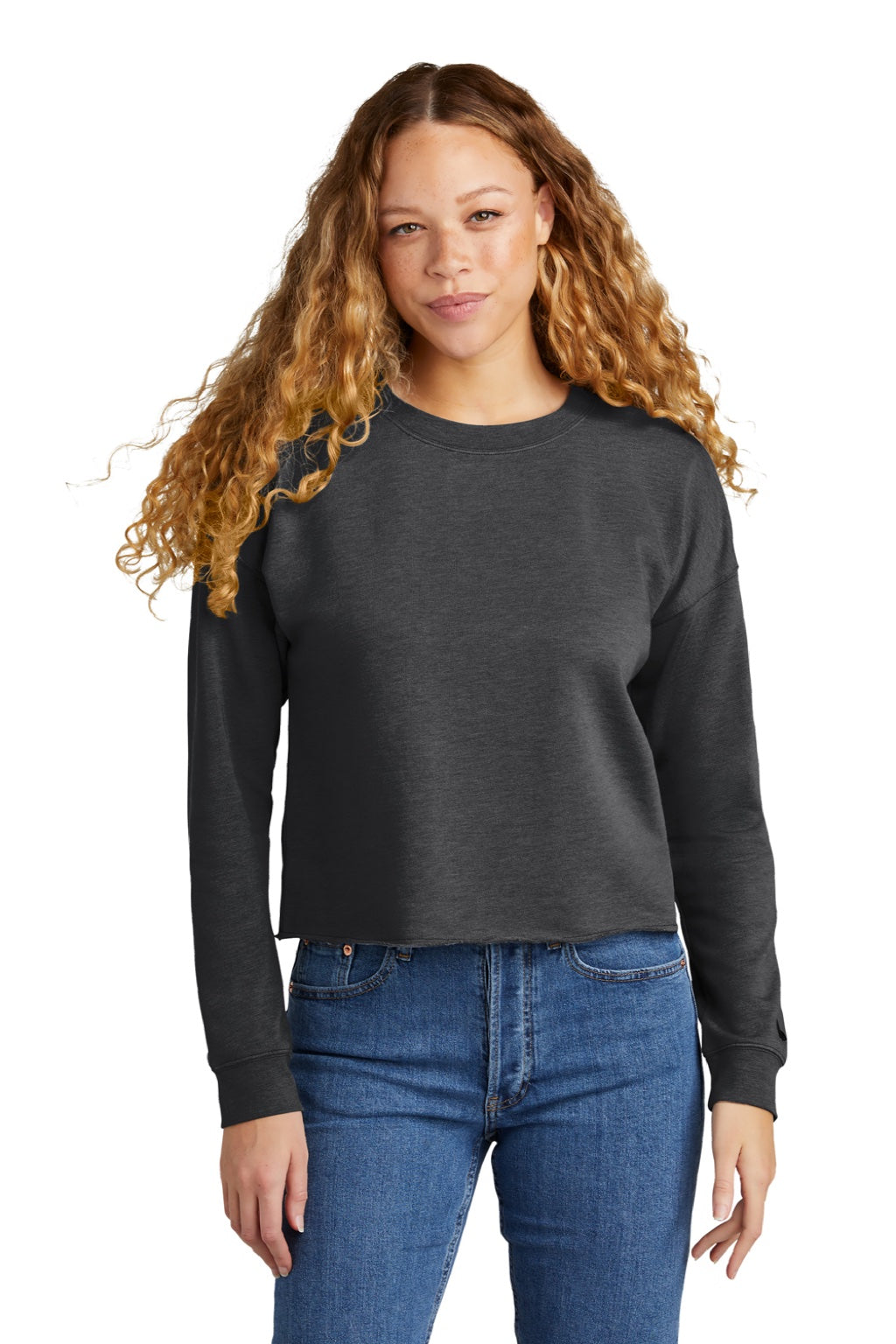New Era LNEA514 Womens Fleece Crop Crewneck Sweatshirt Heather Black Model Front