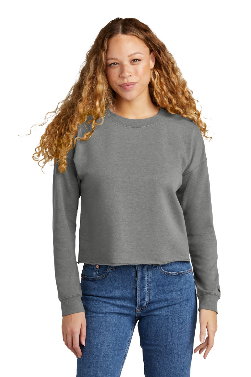 New Era LNEA514 Womens Fleece Crop Crewneck Sweatshirt Heather Shadow Grey Model Front