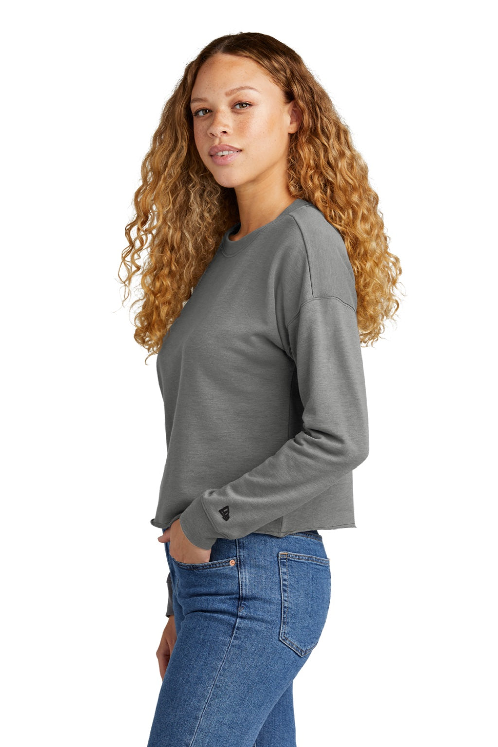 New Era LNEA514 Womens Fleece Crop Crewneck Sweatshirt Heather Shadow Grey Model Side