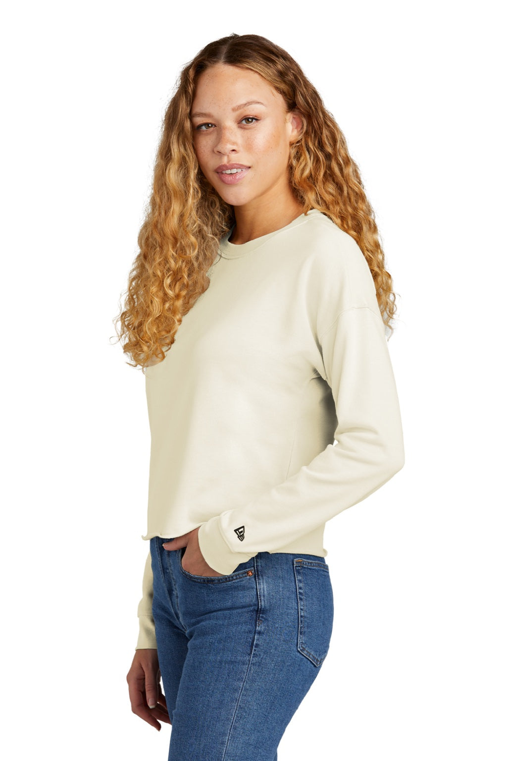New Era LNEA514 Womens Fleece Crop Crewneck Sweatshirt Soft Beige Model Side